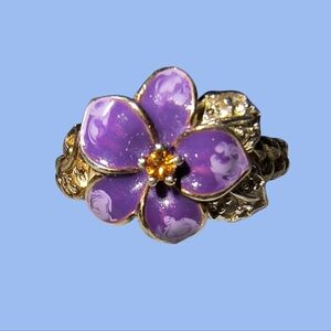 Sterling Silver, CZ, And Purple Enamel Flower Ring